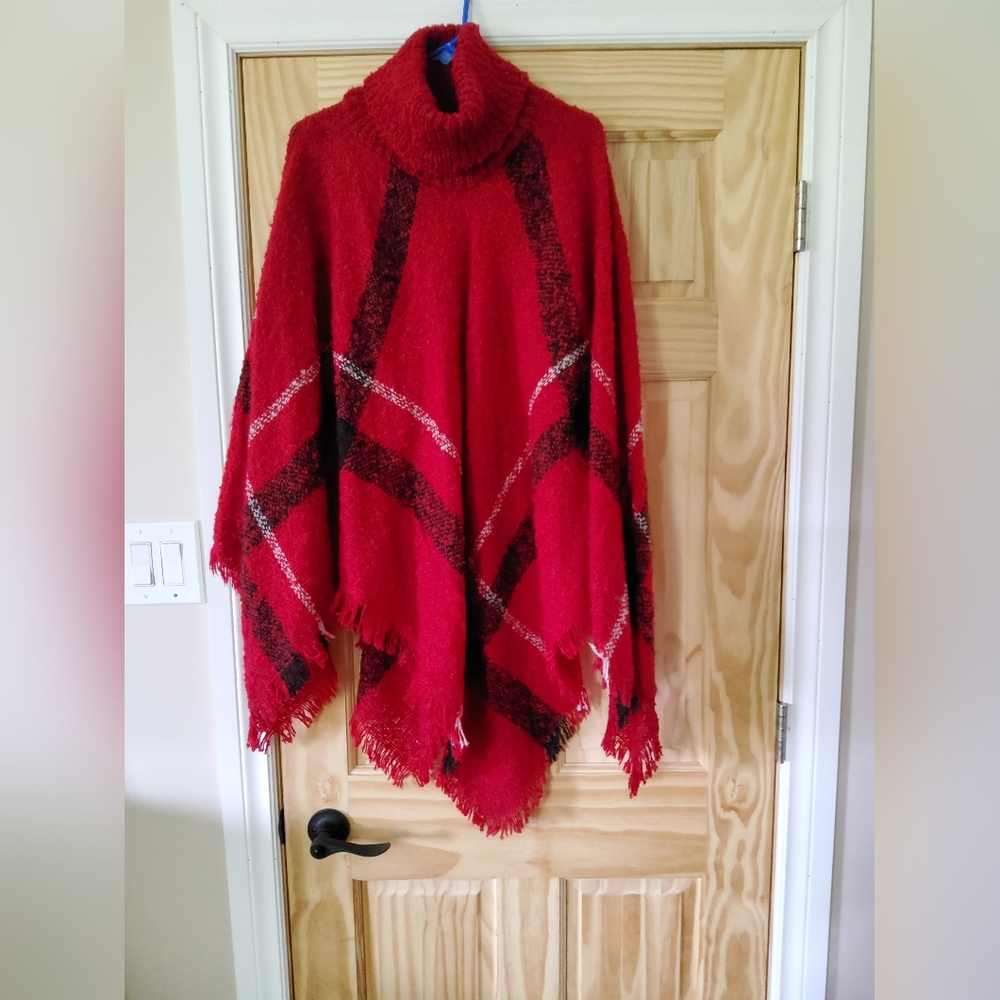 Elegant Red Plaid Women's Poncho ONE SIZE FITS ALL